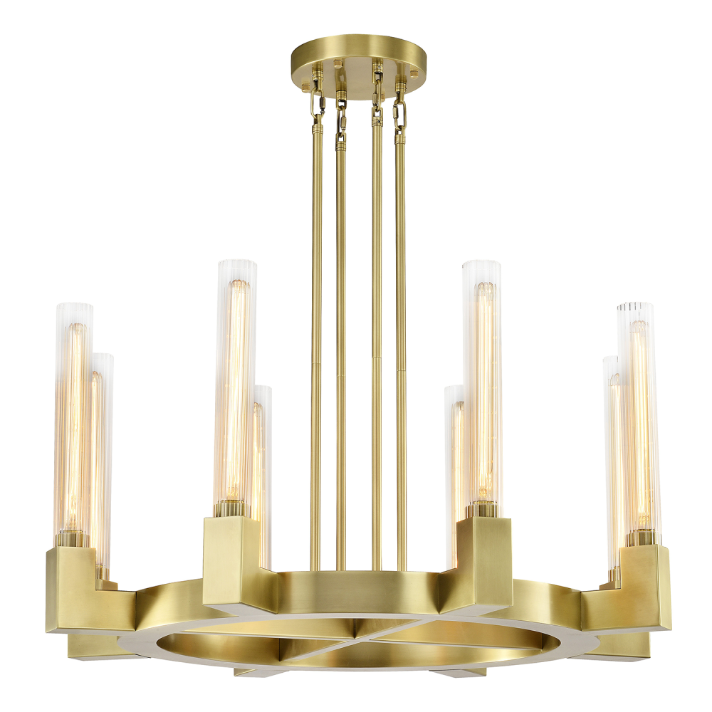 Placid 32&#34; 8-Light, Fluted Glass Round Chandelier in Aged Brass