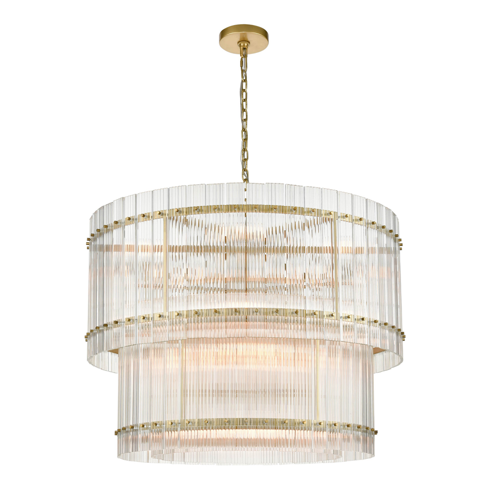 Allure 30&#34; 16-Light, Fluted Glass 2-Tier Drum Chandelier in Aged Brass