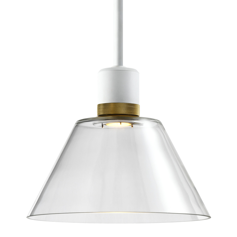 Zigrina Glass Cone LED Pendant in White and Brass Knurled Ring