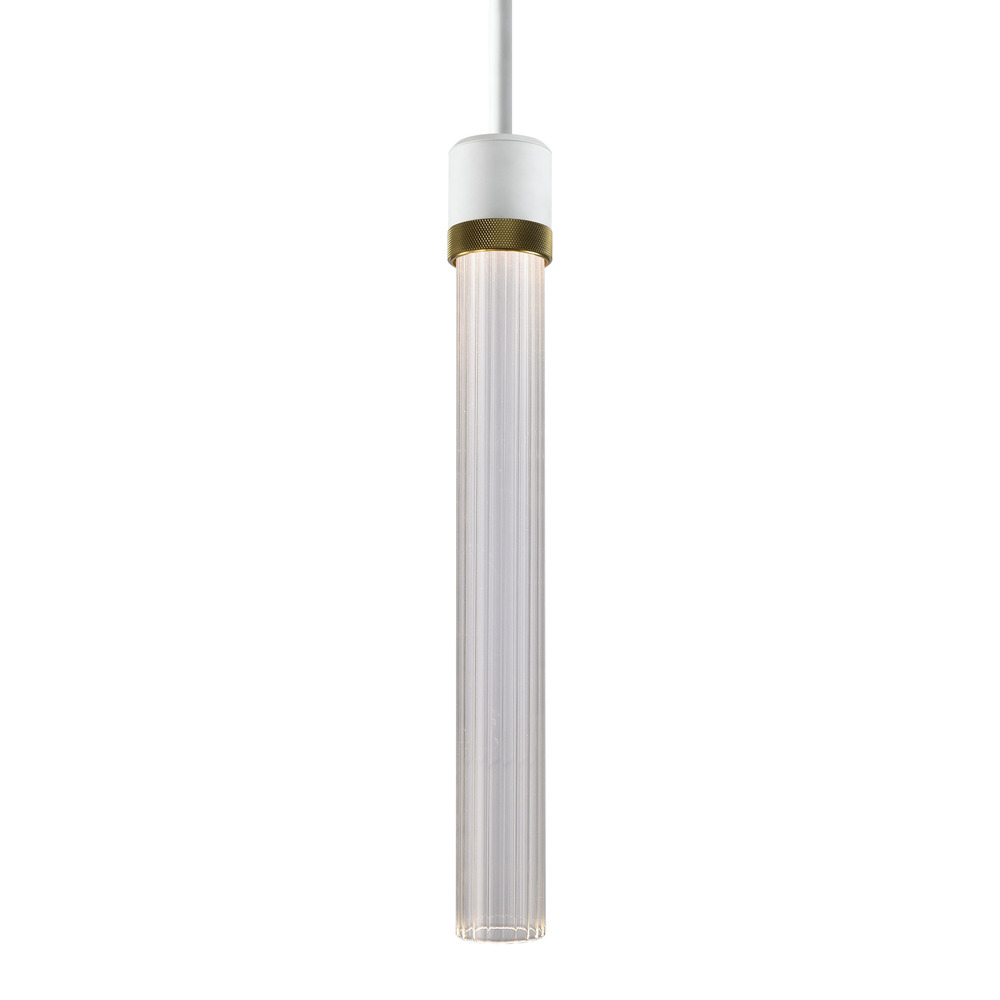 Zigrina 18&#34; Fluted Glass LED Pendant in White and Brass Knurled Ring