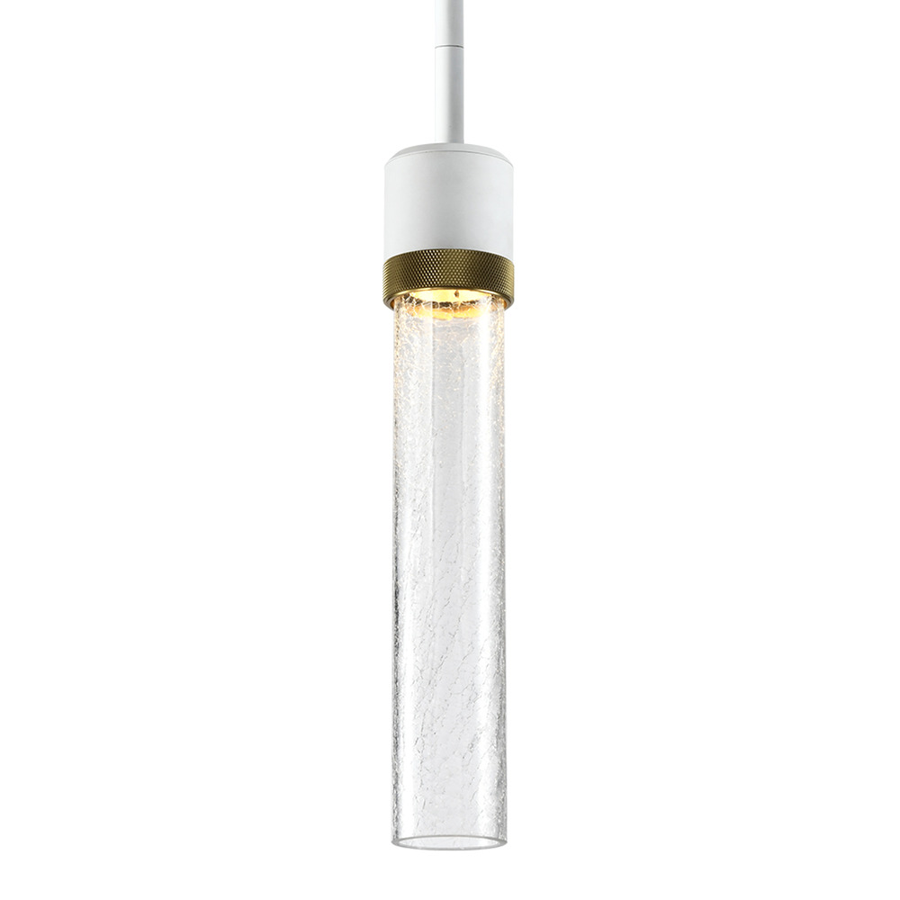 Zigrina 12&#34; Crackled Glass LED Pendant in White and Brass Knurled Ring