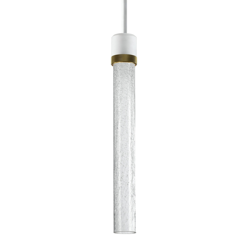 Zigrina 18&#34; Crackled Glass LED Pendant in White and Brass Knurled Ring