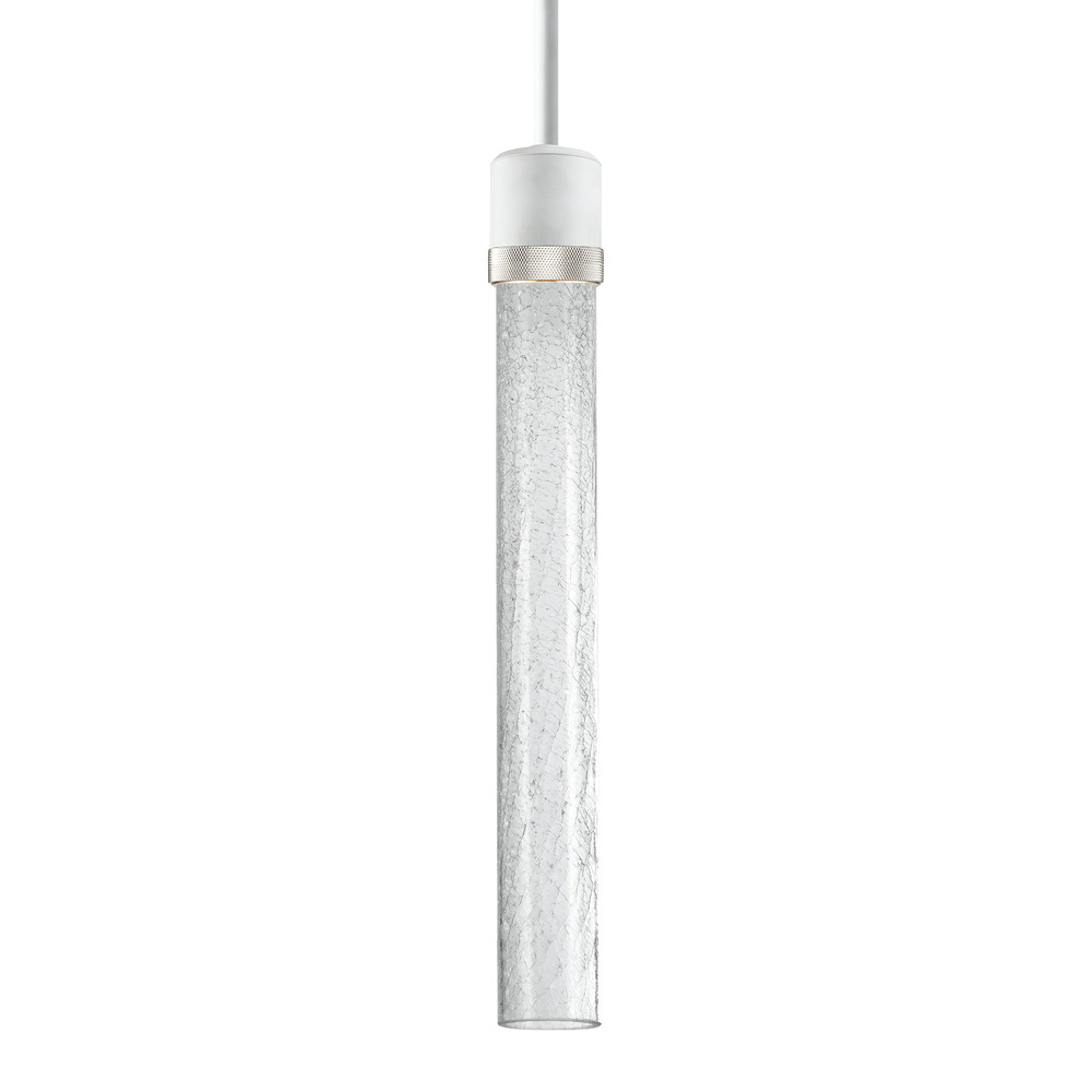 Zigrina 18&#34; Crackled Glass LED Pendant in White and Nickel Knurled Ring