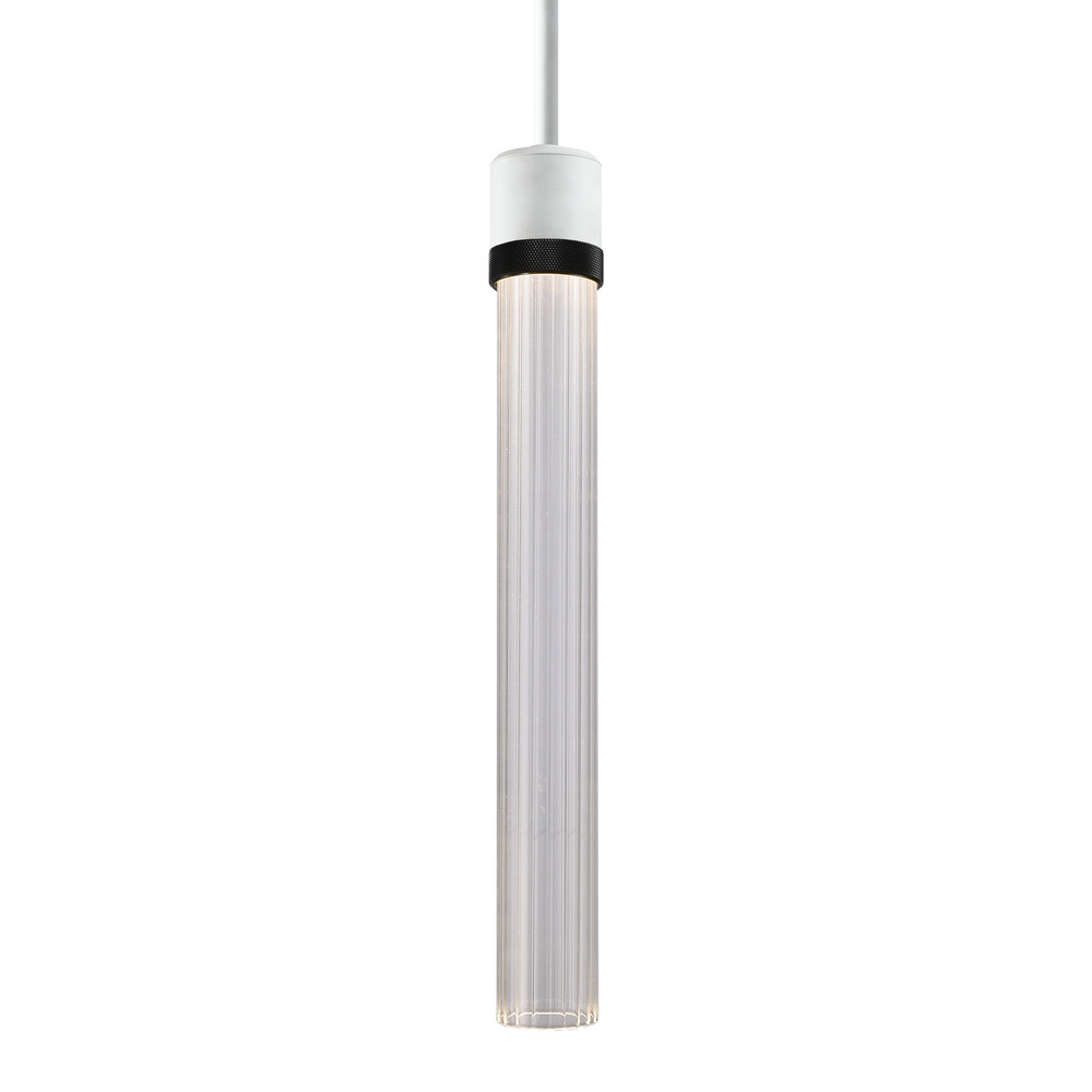 Zigrina 18&#34; Fluted Glass LED Pendant in White and Black Knurled Ring