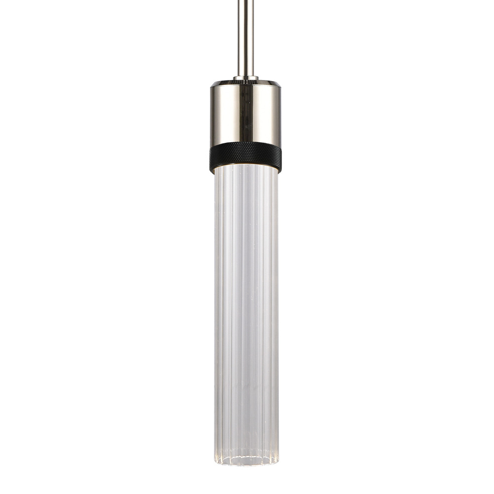 Zigrina 12&#34; Fluted Glass LED Pendant in Nickel and Black Knurled Ring