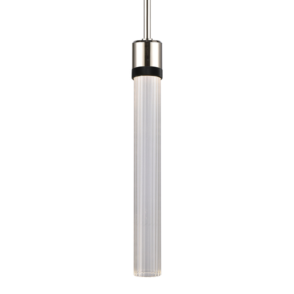 Zigrina 18&#34; Fluted Glass LED Pendant in Nickel and Black Knurled Ring