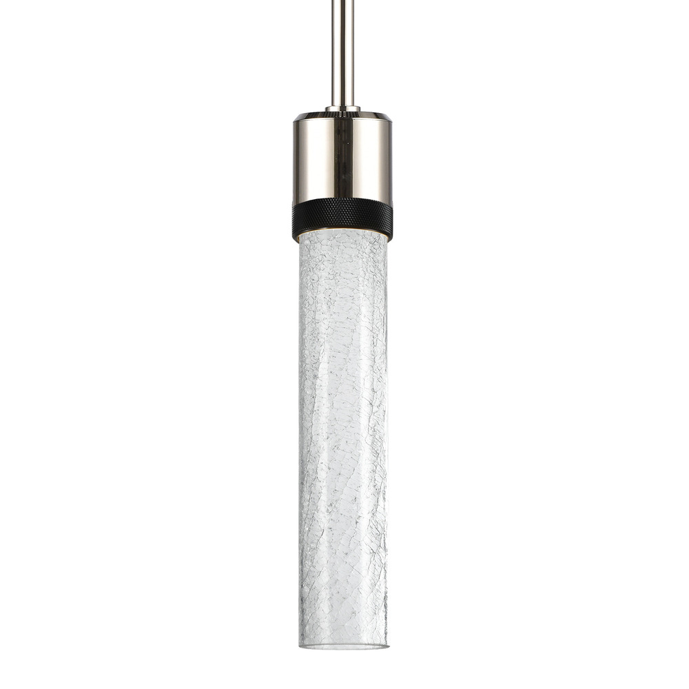 Zigrina 12&#34; Crackled Glass LED Pendant in Nickel and Black Knurled Ring