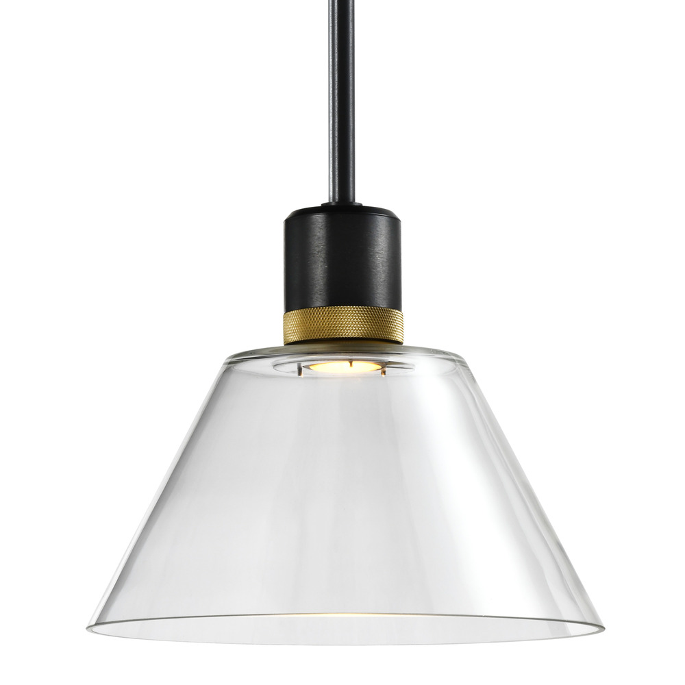 Zigrina Glass Cone LED Pendant in Black and Brass Knurled Ring