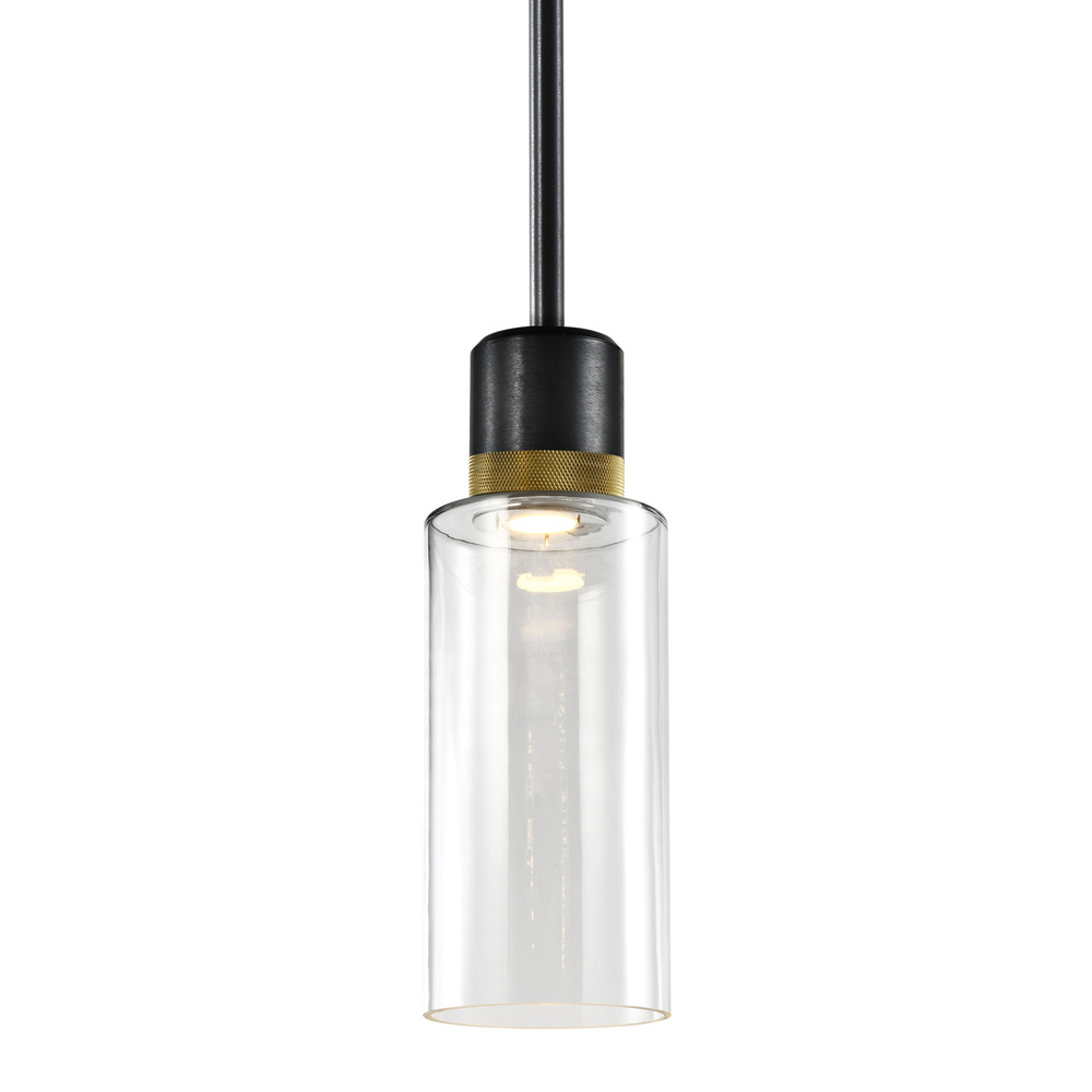 Zigrina 12&#34; Glass Drum LED Pendant in Black and Brass Knurled Ring