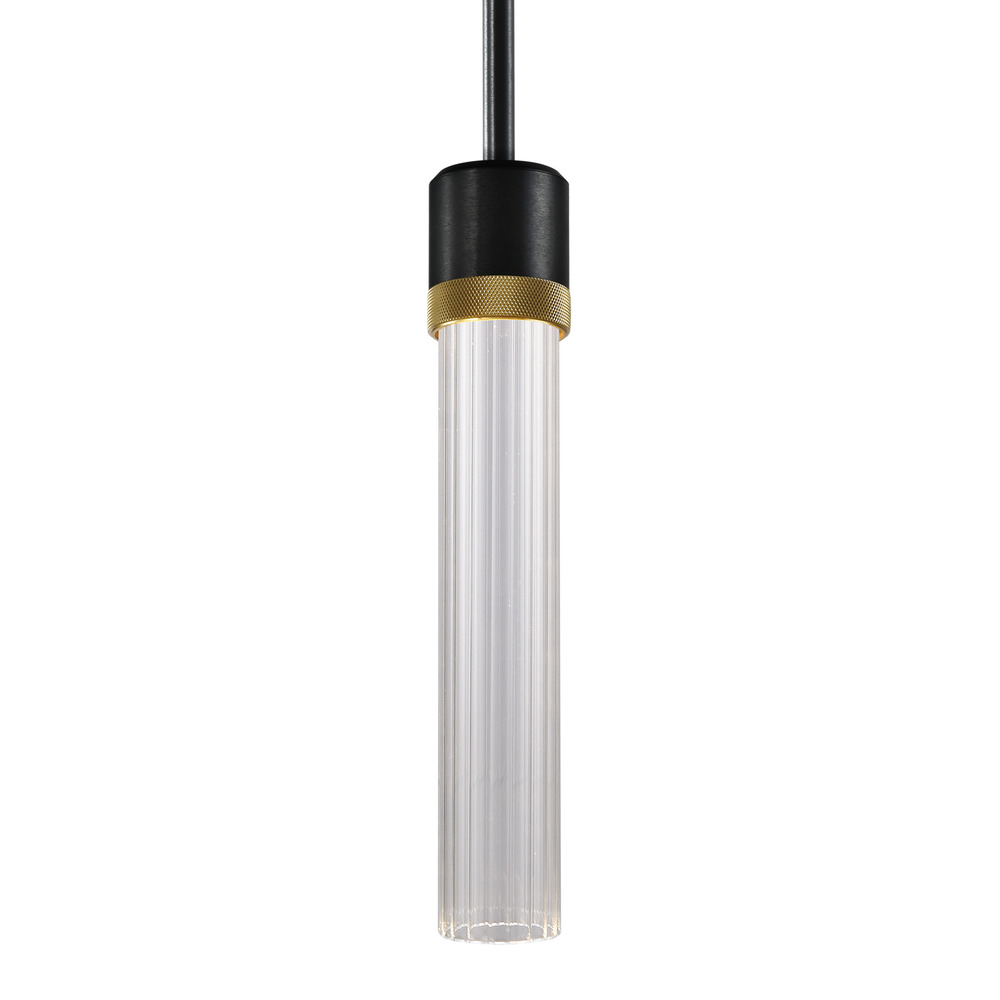 Zigrina 12&#34; Fluted Glass LED Pendant in Black and Brass Knurled Ring