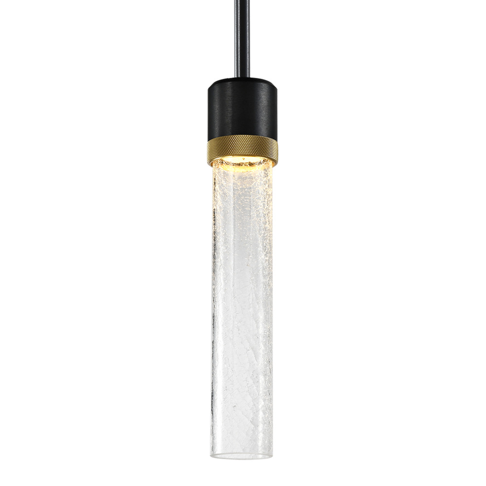 Zigrina 12&#34; Crackled Glass LED Pendant in Black and Brass Knurled Ring