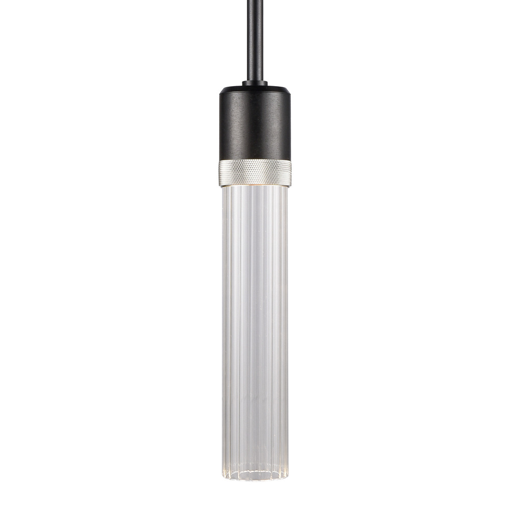 Zigrina 12&#34; Fluted Glass LED Pendant in Black and Nickel Knurled Ring