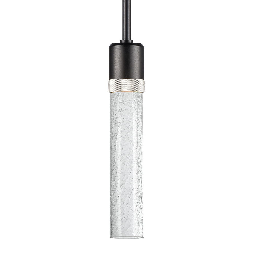 Zigrina 12&#34; Crackled Glass LED Pendant in Black and Nickel Knurled Ring