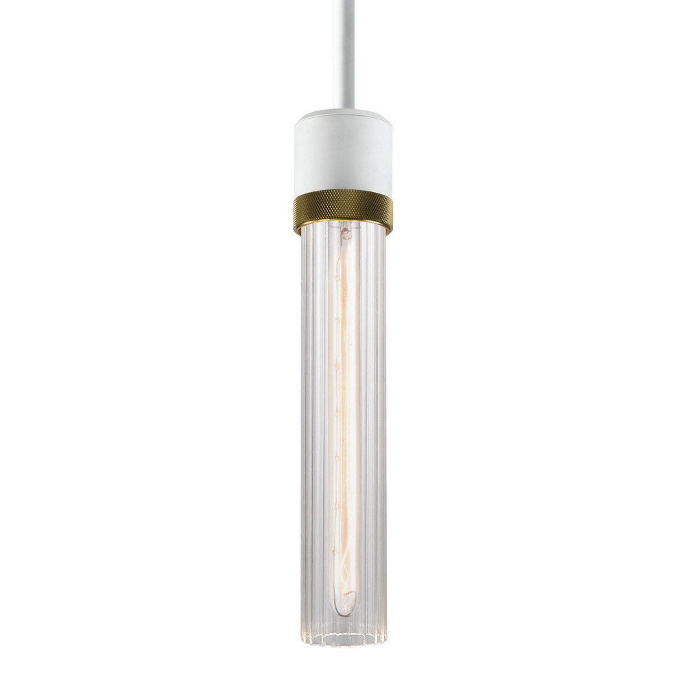 Zigrina 12&#34; Fluted Glass E26 Pendant in White with Knurled Ring in Brass