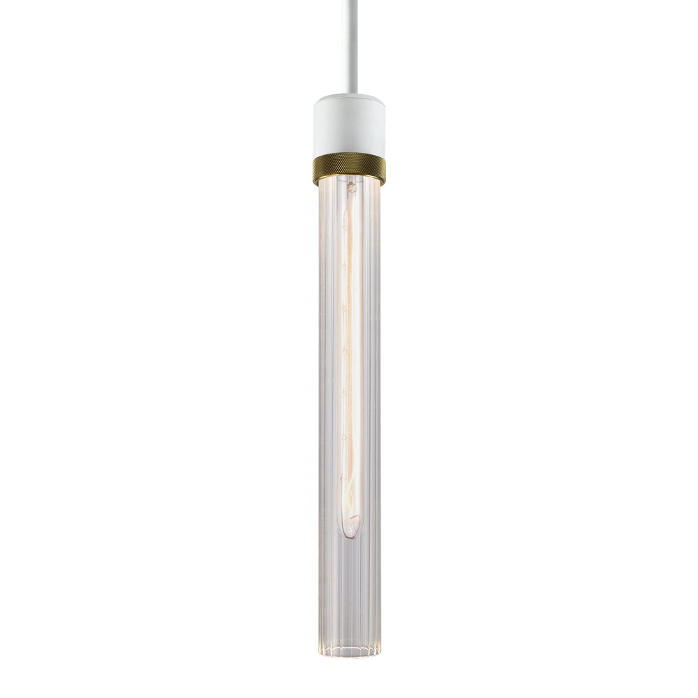 Zigrina 18&#34; Fluted Glass E26 Pendant in White with Knurled Ring in Brass