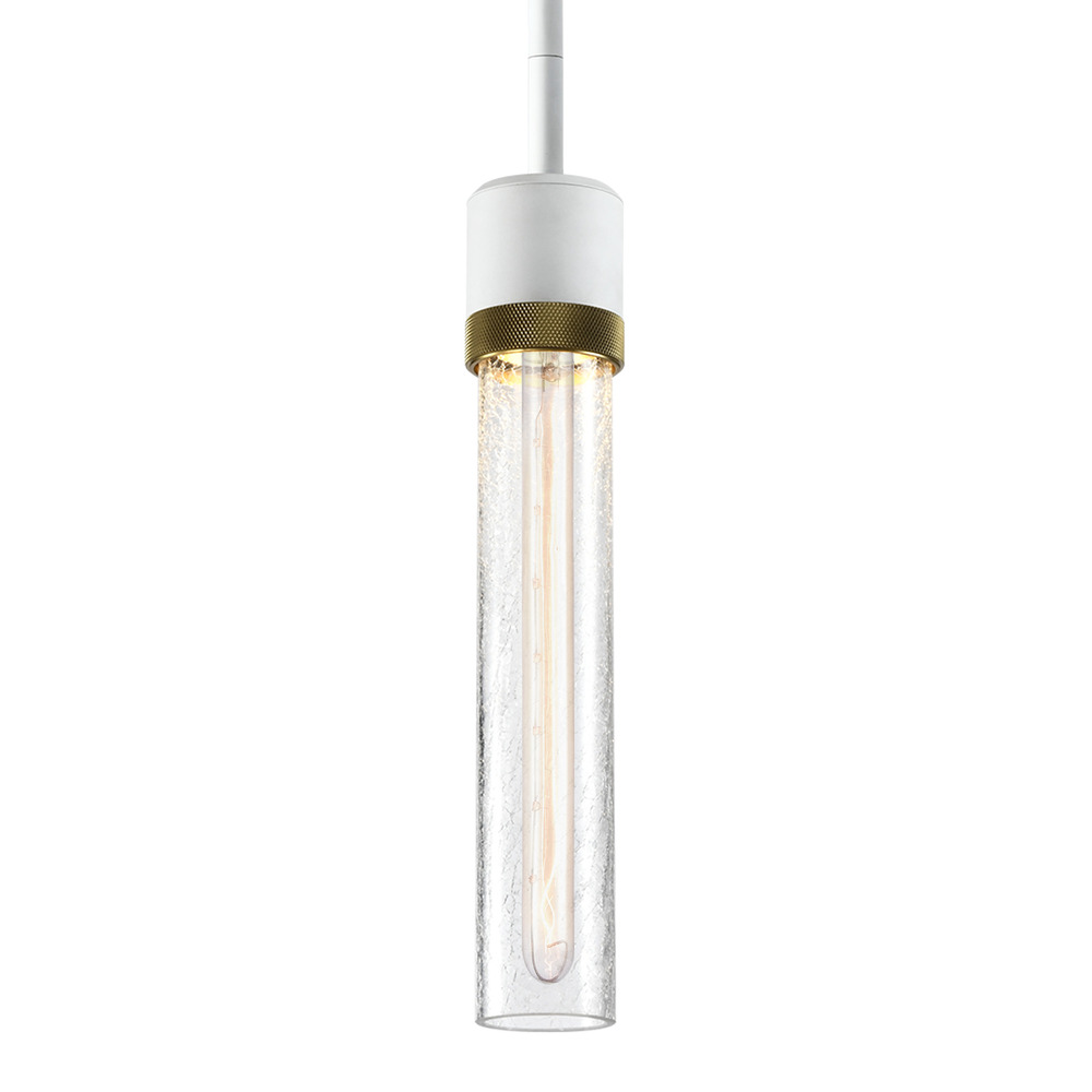 Zigrina 12&#34; Crackled Glass E26 Pendant in White with Knurled Ring in Brass
