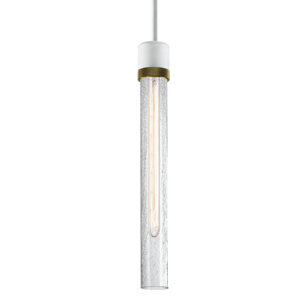 Zigrina 18&#34; Crackled Glass E26 Pendant in White with Knurled Ring in Brass