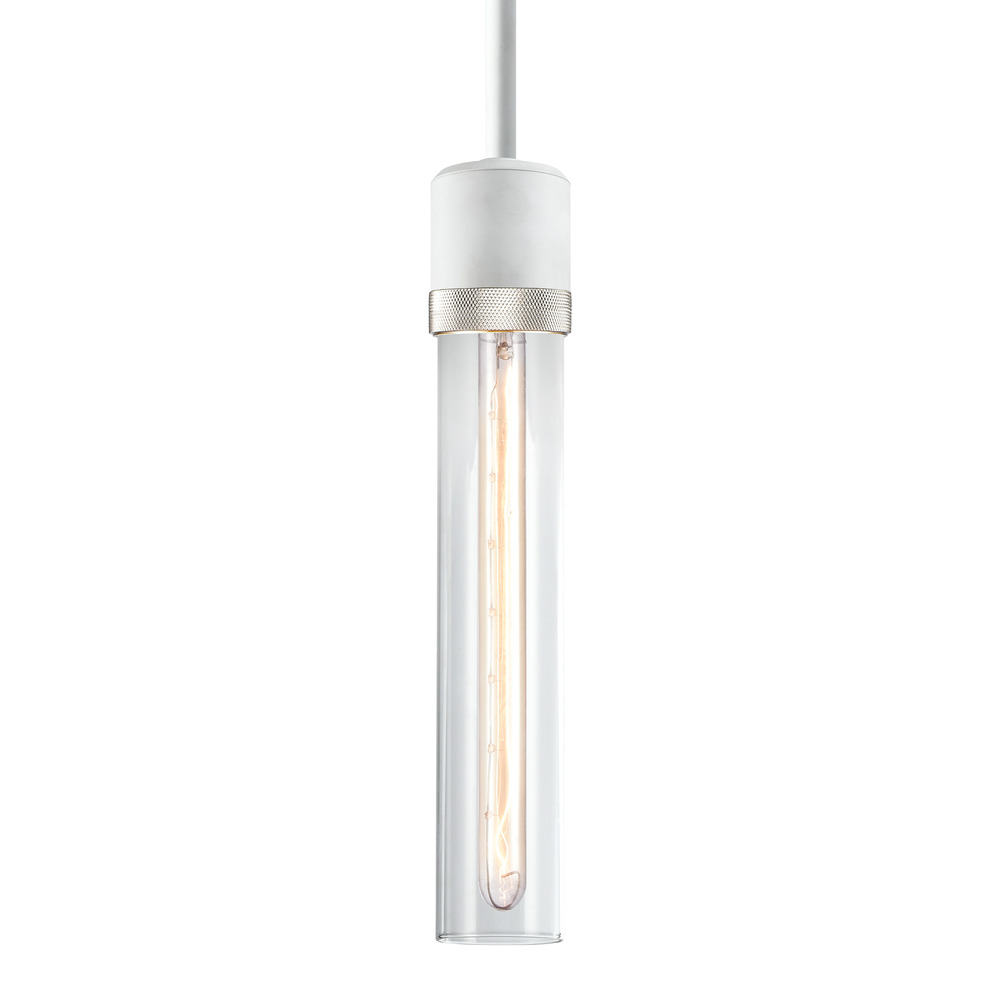 Zigrina 12&#34; Clear Glass E26 Pendant in White with Knurled Ring in Nickel