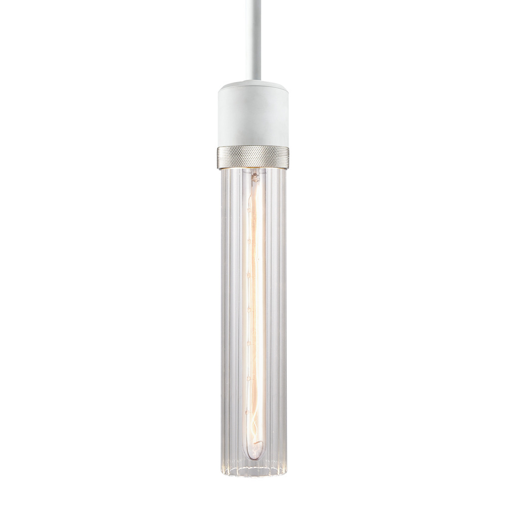 Zigrina 12&#34; Fluted Glass E26 Pendant in White with Knurled Ring in Nickel