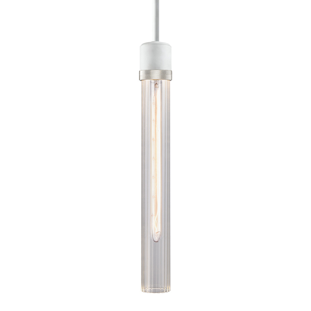 Zigrina 18&#34; Fluted Glass E26 Pendant in White with Knurled Ring in Nickel
