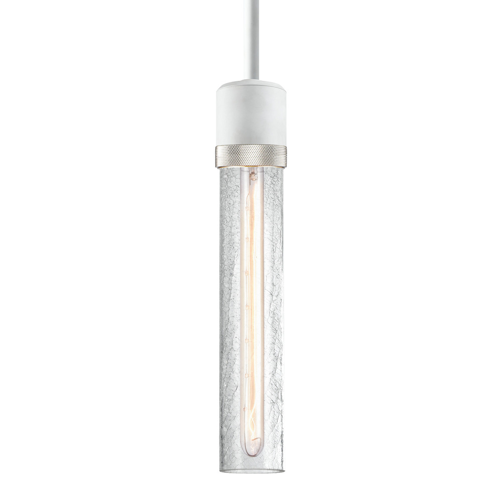 Zigrina 12&#34; Crackled Glass E26 Pendant in White with Knurled Ring in Nickel