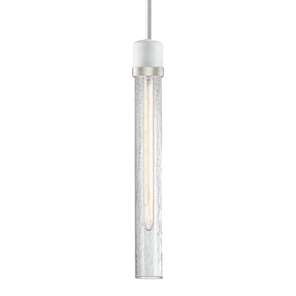 Zigrina 18&#34; Crackled Glass E26 Pendant in White with Knurled Ring in Nickel