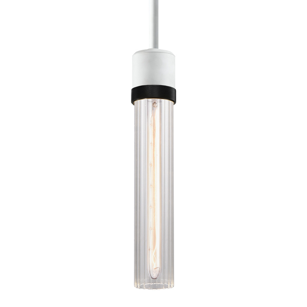 Zigrina 12&#34; Fluted Glass E26 Pendant in White with Knurled Ring in Black