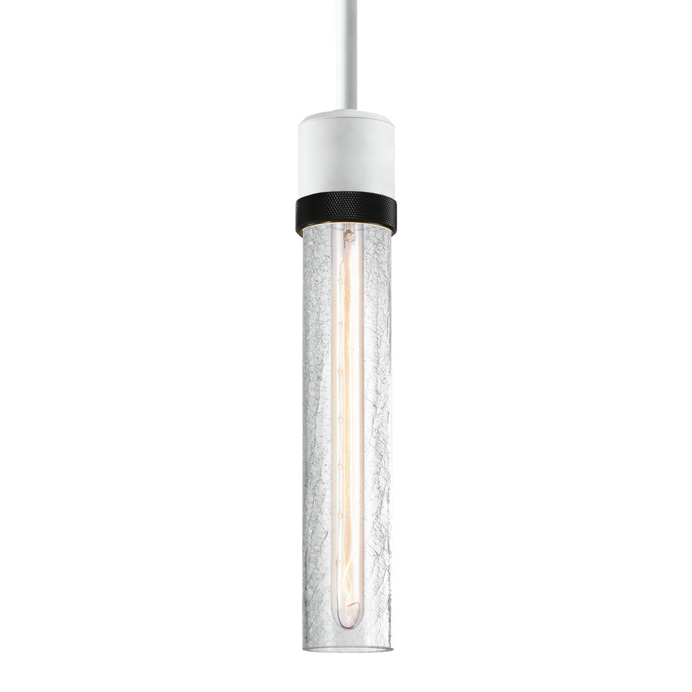Zigrina 12&#34; Crackled Glass E26 Pendant in White with Knurled Ring in Black