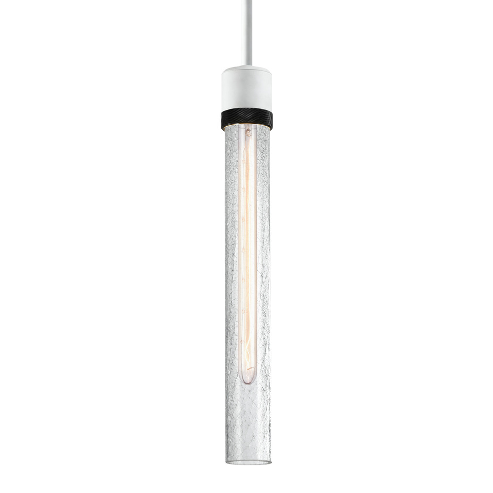Zigrina 18&#34; Crackled Glass E26 Pendant in White with Knurled Ring in Black