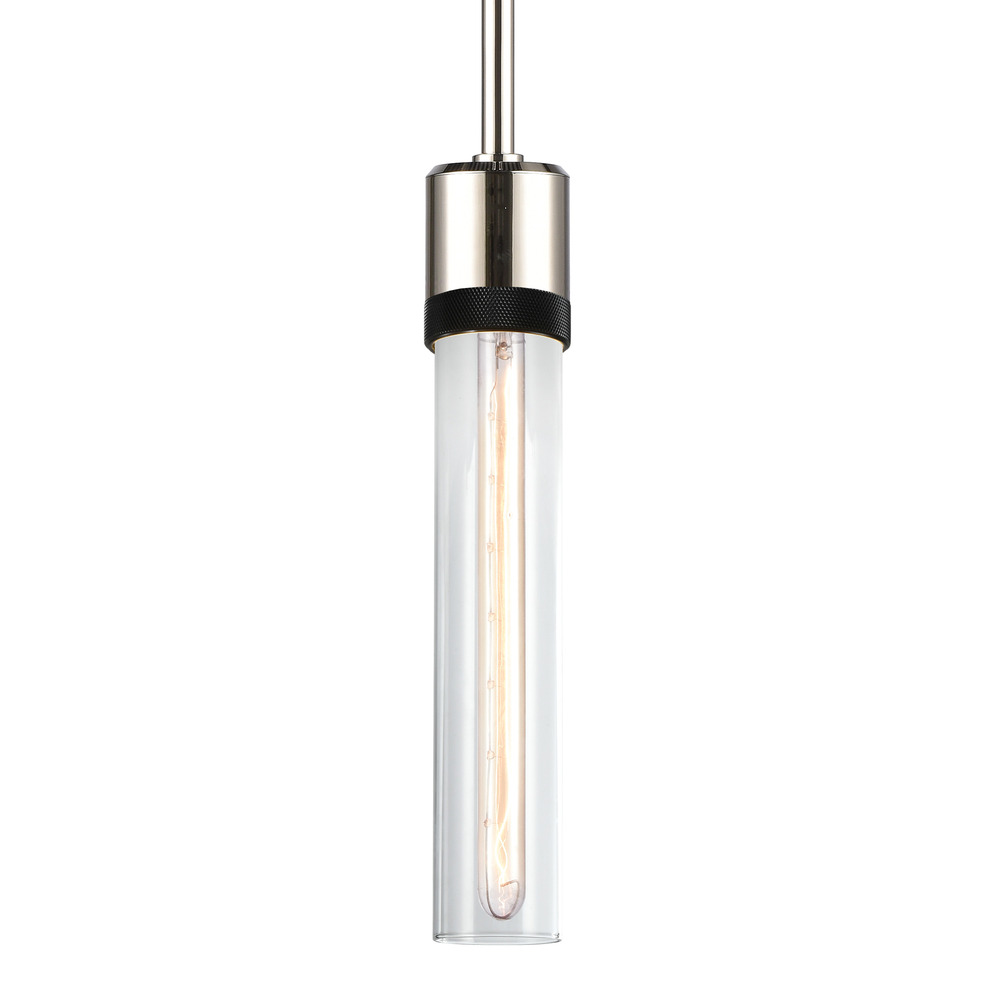 Zigrina 12&#34; Clear Glass E26 Pendant in Nickel with Knurled Ring in Black