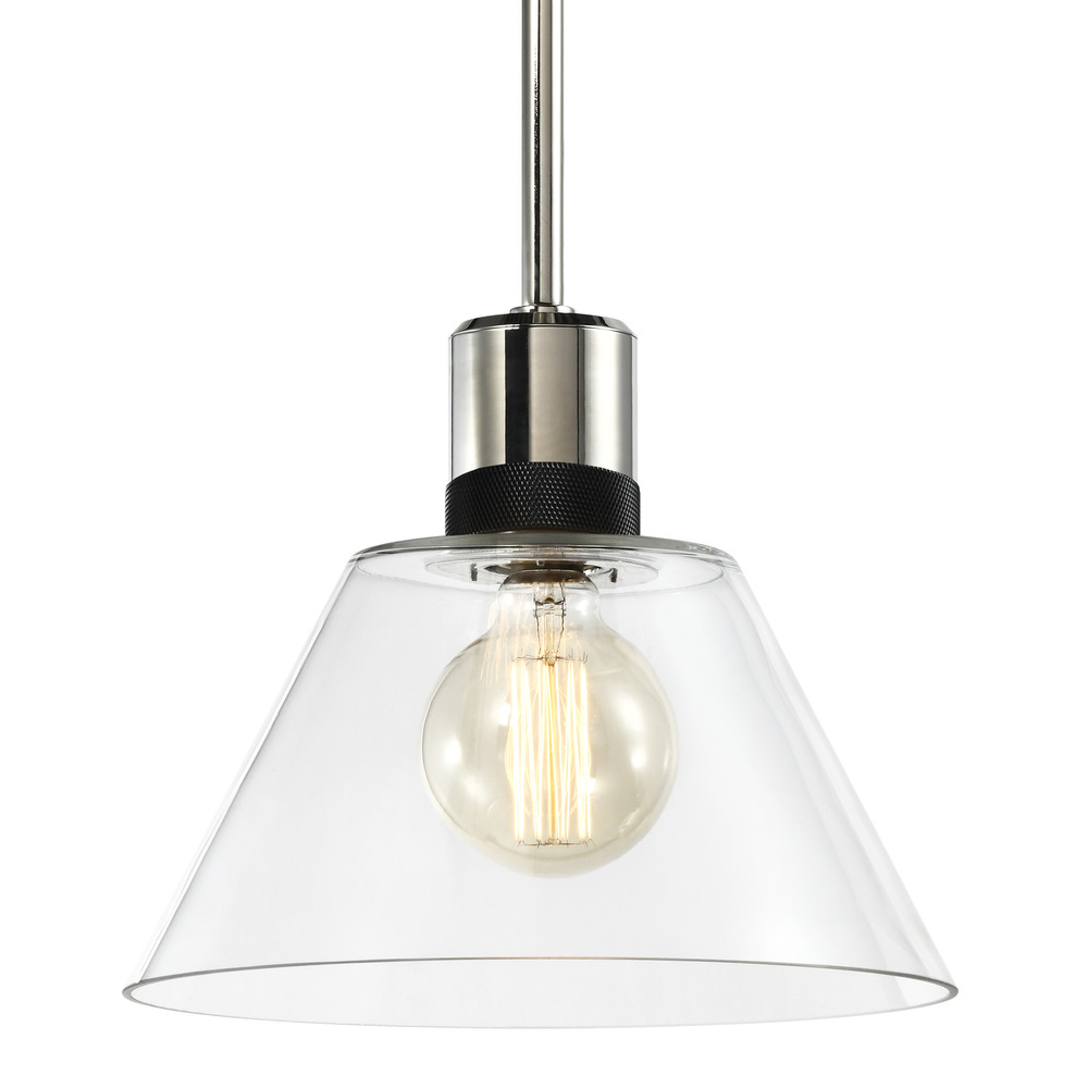 Zigrina Glass Cone E26 Pendant in Nickel with Knurled Ring in Black