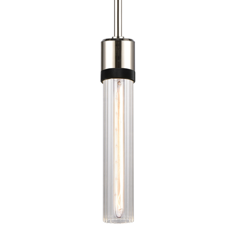 Zigrina 12&#34; Fluted Glass E26 Pendant in Nickel with Knurled Ring in Black