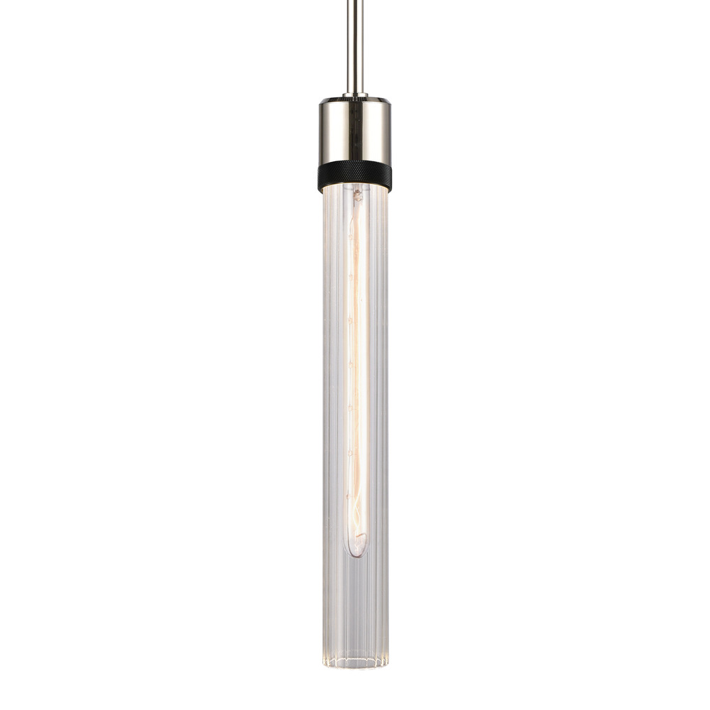 Zigrina 18&#34; Fluted Glass E26 Pendant in Nickel with Knurled Ring in Black