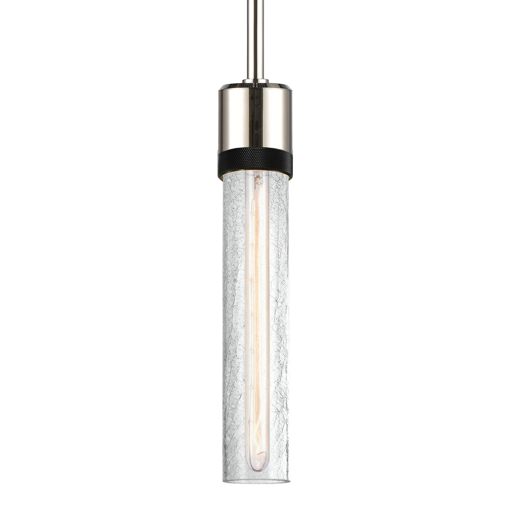 Zigrina 12&#34; Crackled Glass E26 Pendant in Nickel with Knurled Ring in Black