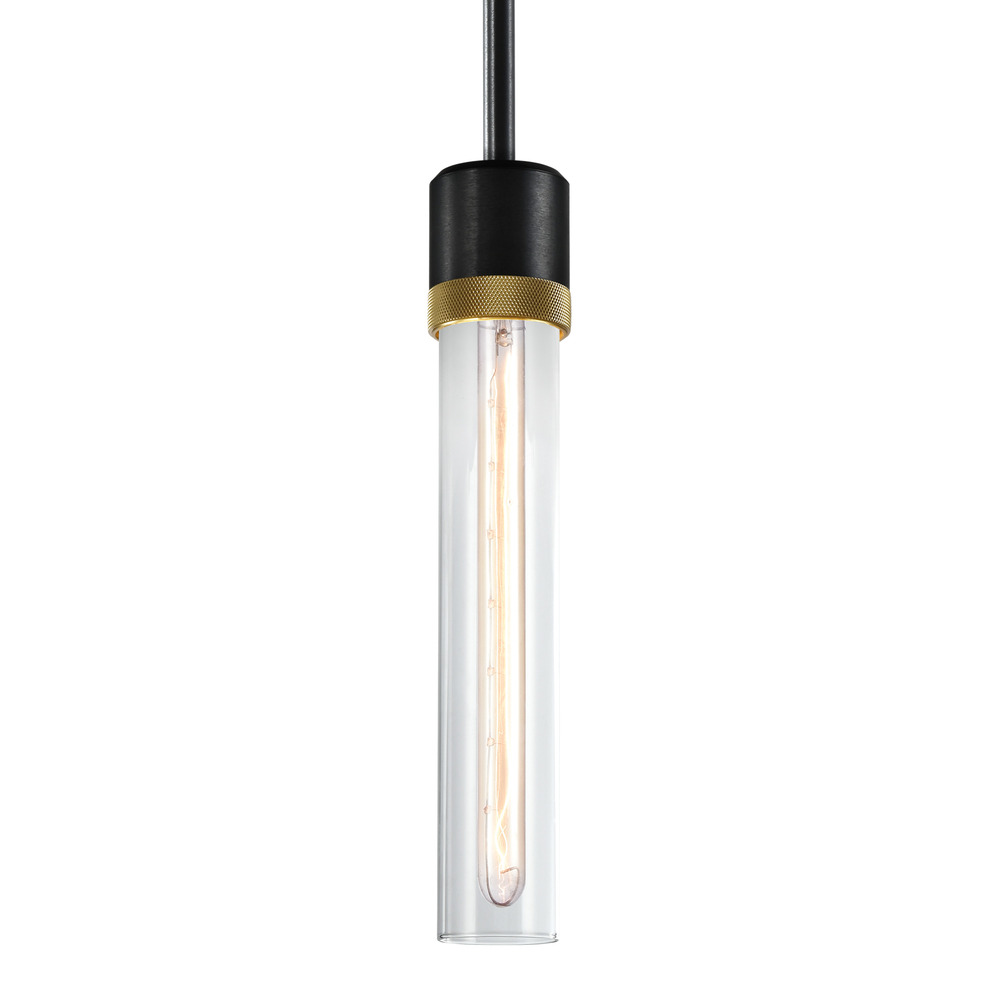 Zigrina 12&#34; Clear Glass E26 Pendant in Black with Knurled Ring in Brass