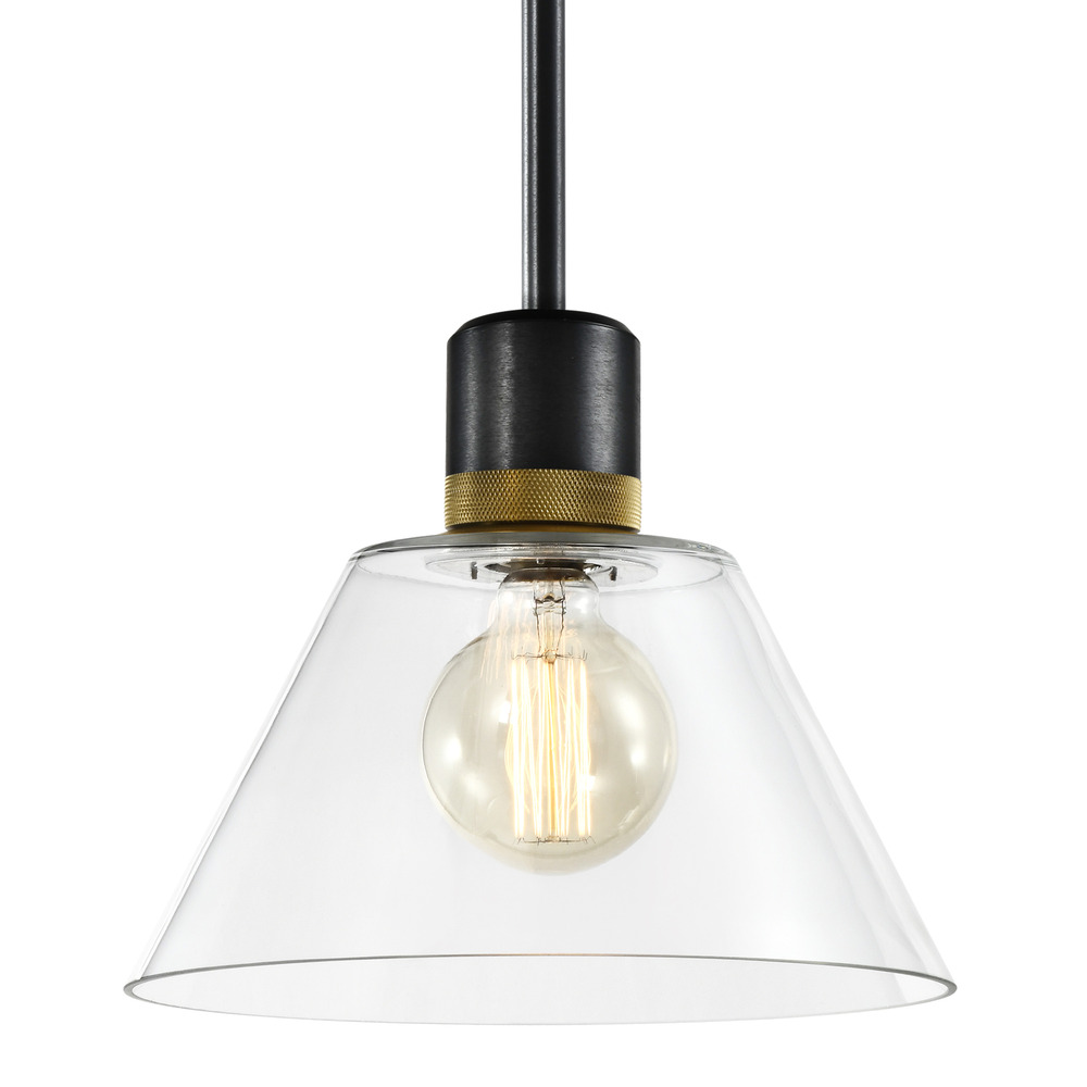 Zigrina Glass Cone E26 Pendant in Black with Knurled Ring in Brass