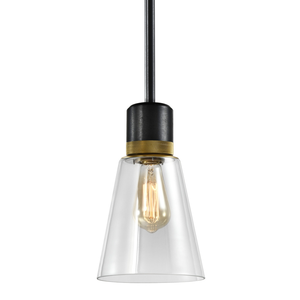 Zigrina Glass Bell E26 Pendant in Black with Knurled Ring in Brass