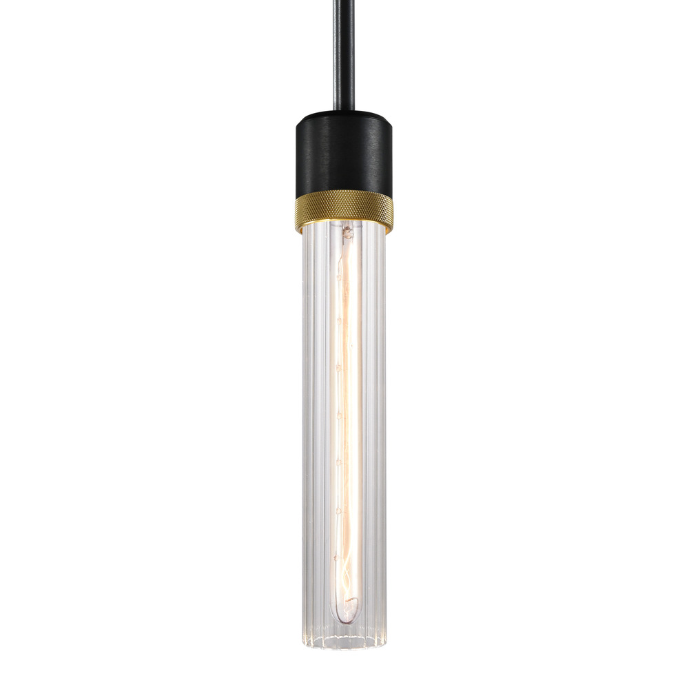 Zigrina 12&#34; Fluted Glass E26 Pendant in Black with Knurled Ring in Brass
