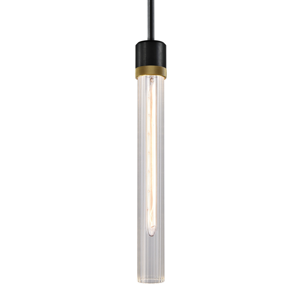 Zigrina 18&#34; Fluted Glass E26 Pendant in Black with Knurled Ring in Brass