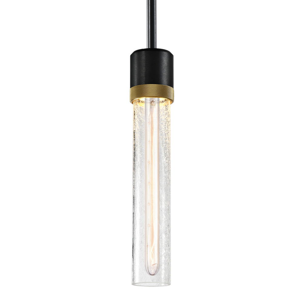 Zigrina 12&#34; Crackled Glass E26 Pendant in Black with Knurled Ring in Brass