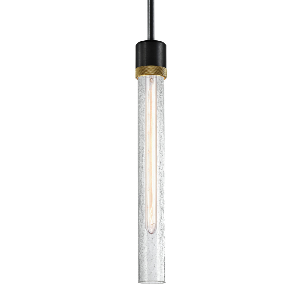 Zigrina 18&#34; Crackled Glass E26 Pendant in Black with Knurled Ring in Brass