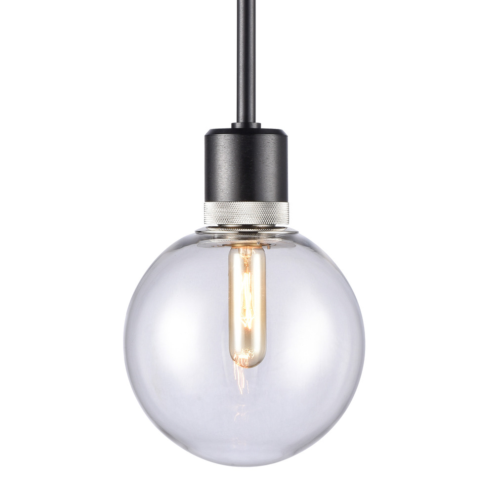 Zigrina Globe Glass E26 Pendant in Black with Knurled Ring in Nickel