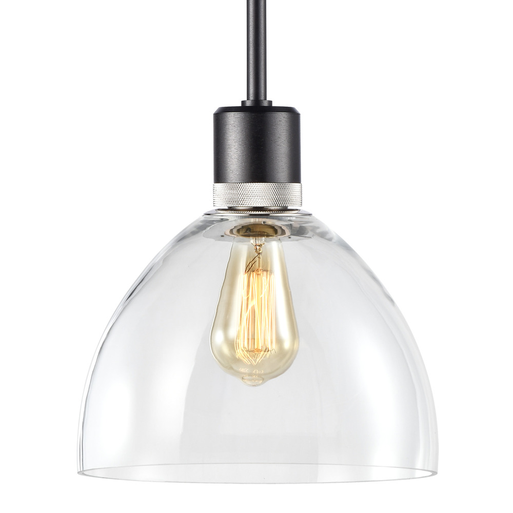 Zigrina Glass Dome E26 Pendant in Black with Knurled Ring in Nickel