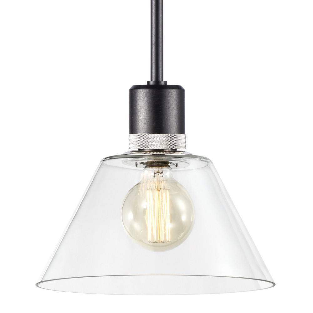 Zigrina Glass Cone E26 Pendant in Black with Knurled Ring in Nickel