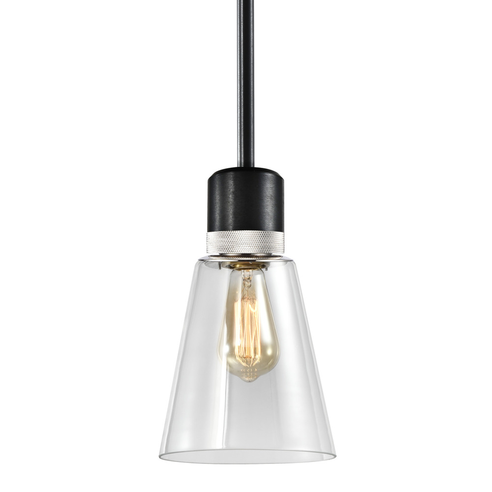 Zigrina Glass Bell E26 Pendant in Black with Knurled Ring in Nickel