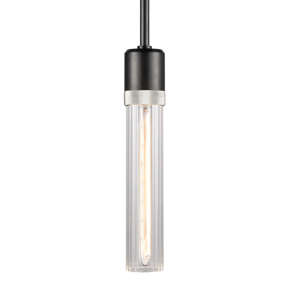 Zigrina 12&#34; Fluted Glass E26 Pendant in Black with Knurled Ring in Nickel