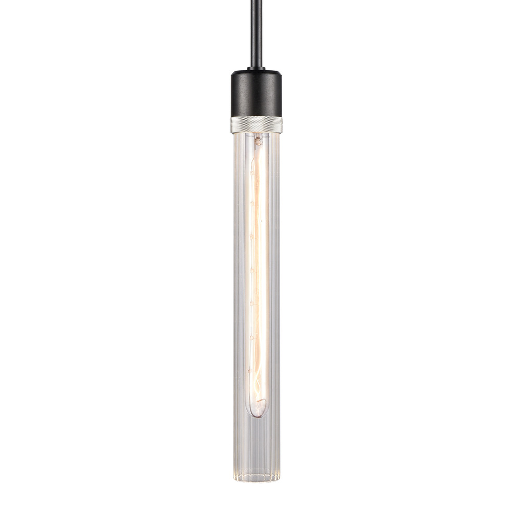 Zigrina 18&#34; Fluted Glass E26 Pendant in Black with Knurled Ring in Nickel