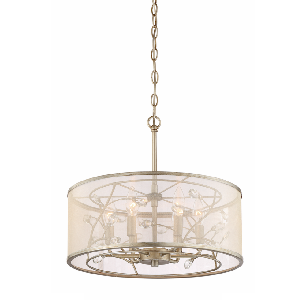 Vine 17&#34; 6-Light, Organza Drum Shade Crystal Pendant in Silver