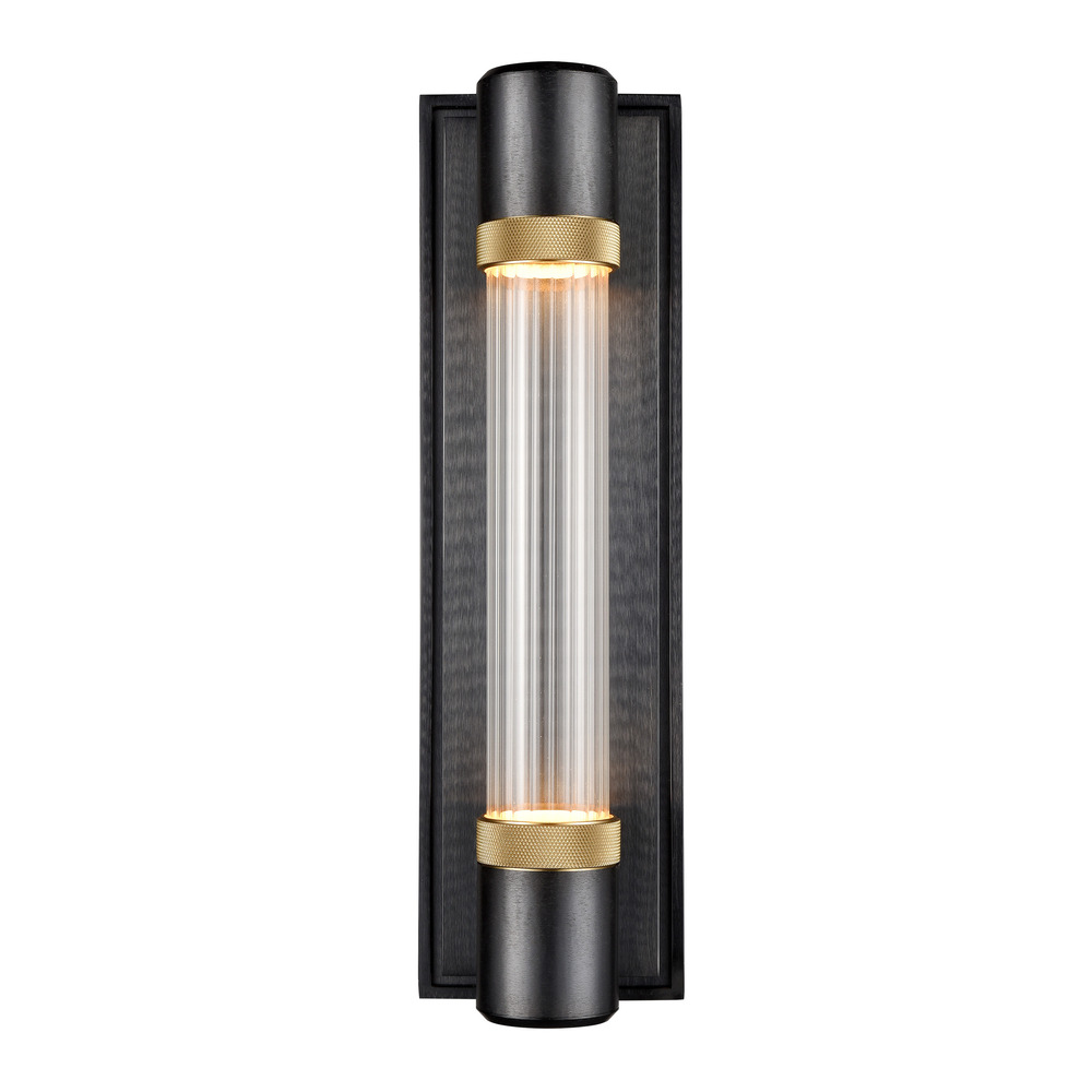 Zigrina 18&#34; Fluted Glass LED Wall Sconce in Black with Knurled Rings Brass