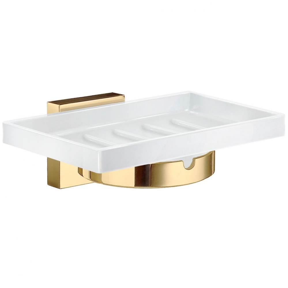 HOUSE SOAP DISH &amp; HOLDER MATTE POLISHED BRASS/WHITE CERAMIC